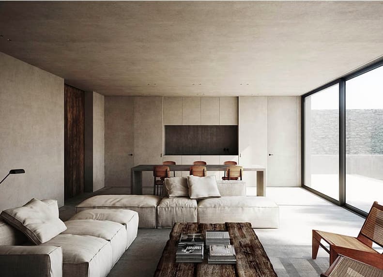 Salón refinado con vigas vistas, lámparas de mimbre y mobiliario en tonos arena — pon tu propiedad en las mejores manos en Madrid