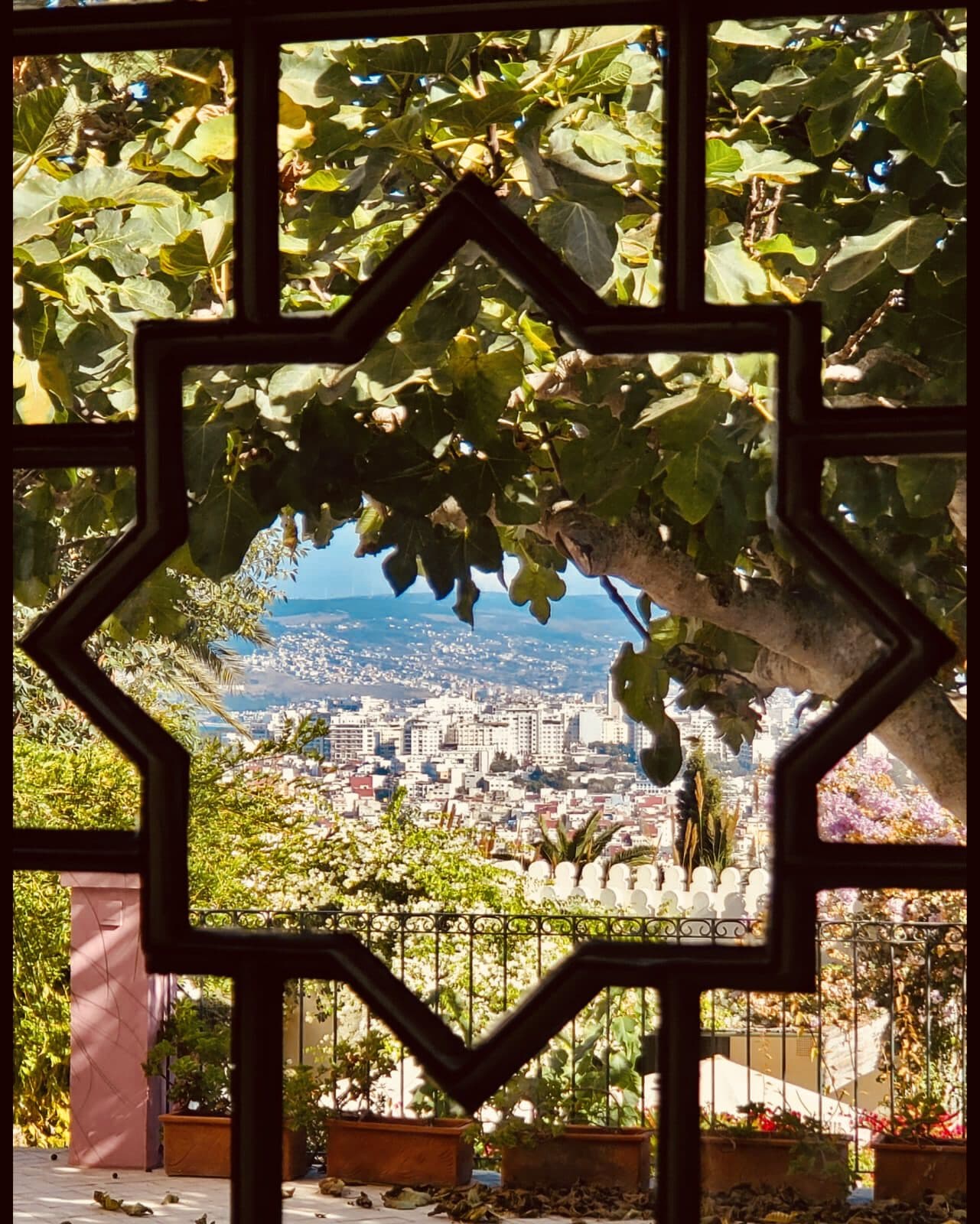 Dar Chal — Tánger, Marruecos Ventana en forma de estrella marroquí enmarcando la ciudad de Tánger desde el jardín — Dar Chal (Coco House)