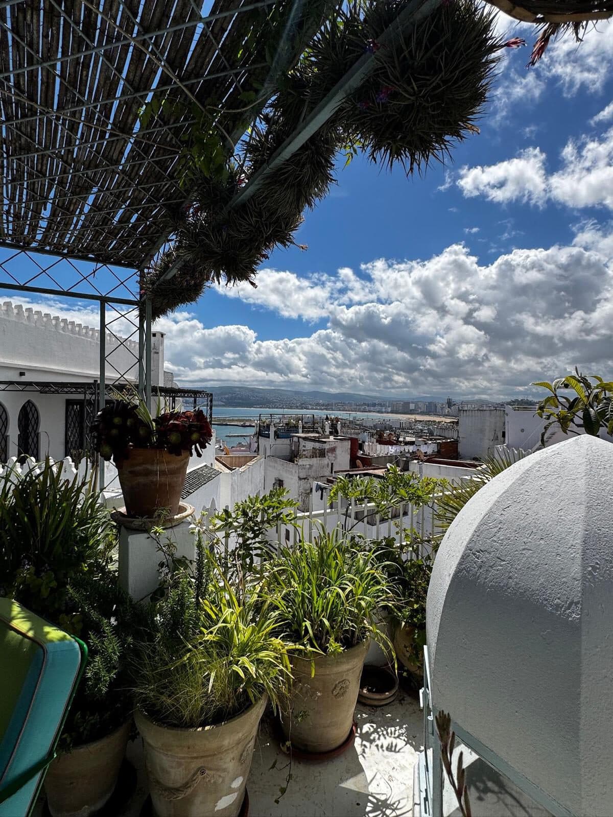 Riad en la Kasbah — Kasbah, Tánger Terraza superior del riad con pérgola, macetas y vistas sobre la Kasbah y el Estrecho — Tánger (Coco House)